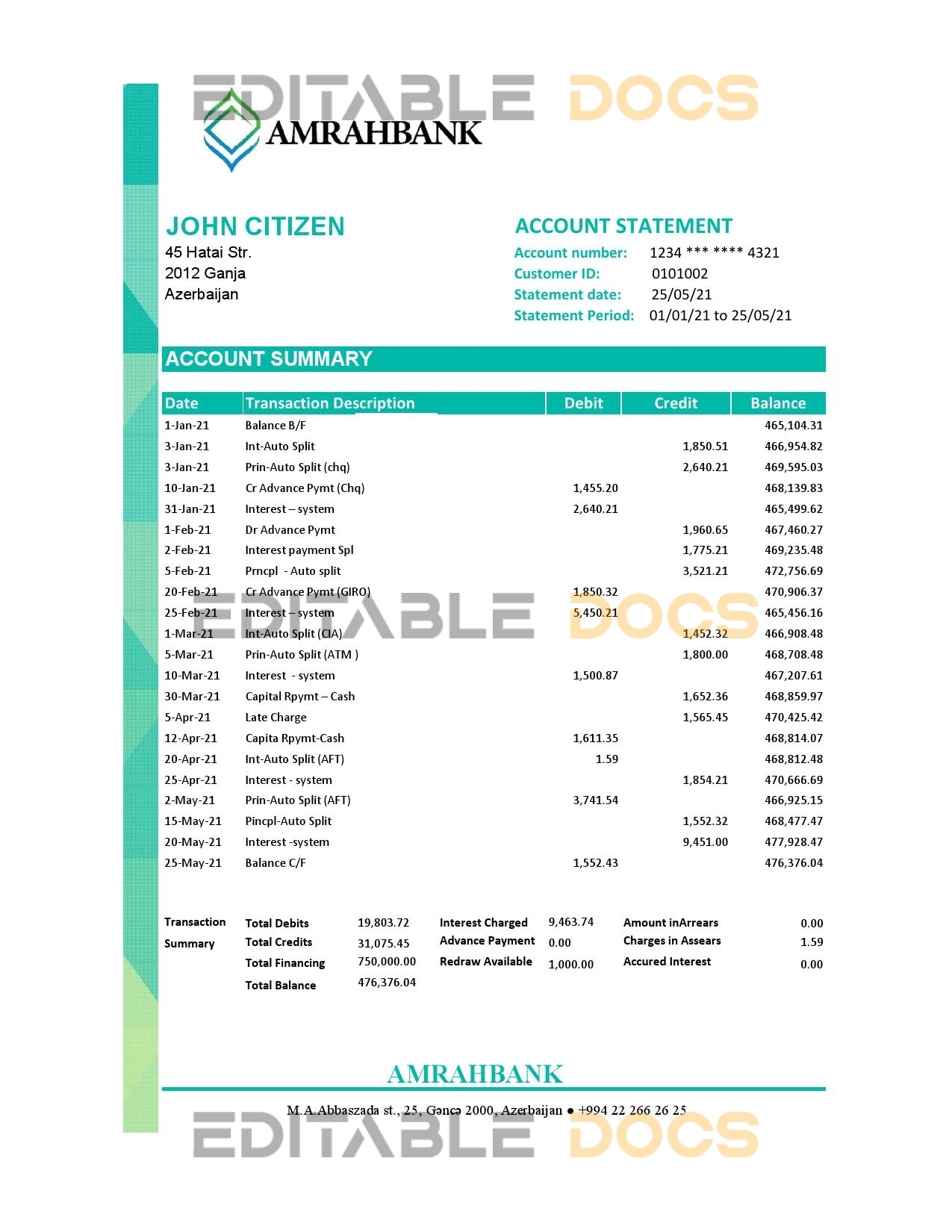 Azerbaijan Amrahbank bank statement easy to fill template in Excel and PDF format