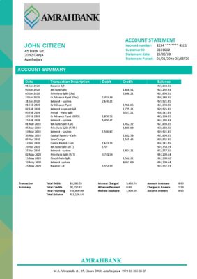 Azerbaijan Amrahbank bank account statement template in Word and PDF format