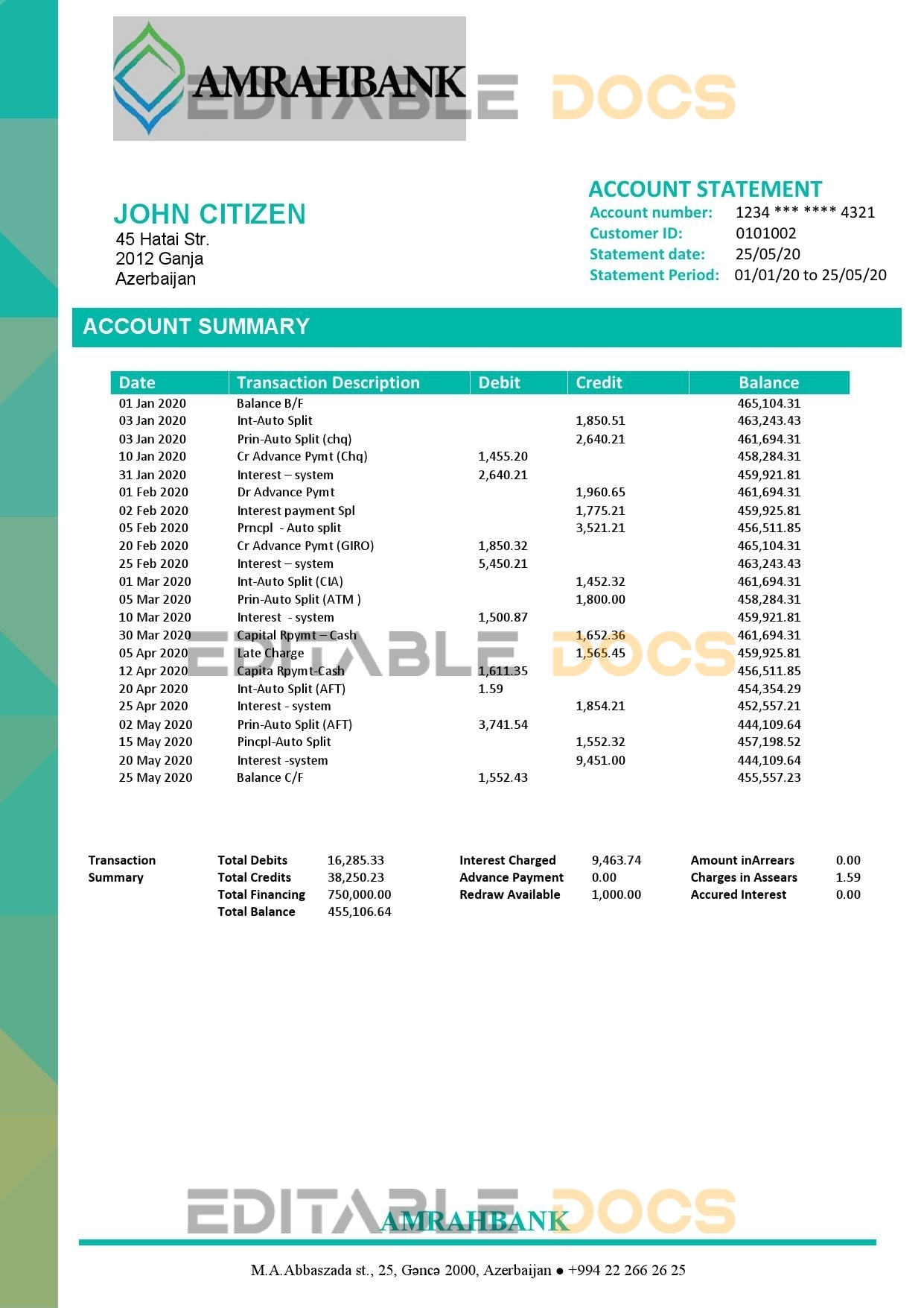 Azerbaijan Amrahbank bank account statement template in Word and PDF format