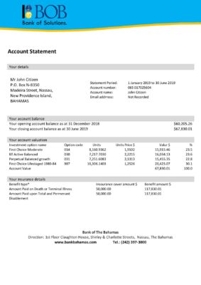 Bahamas Bank of the Bahamas bank statement easy to fill template in .xls and .pdf file format