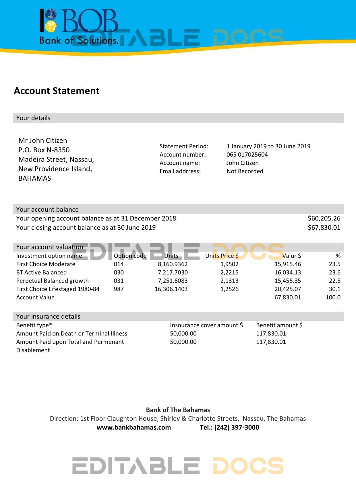 Bahamas Bank of the Bahamas bank statement easy to fill template in .xls and .pdf file format