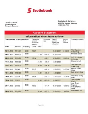 Bahamas Scotiabank bank statement template in Word and PDF format