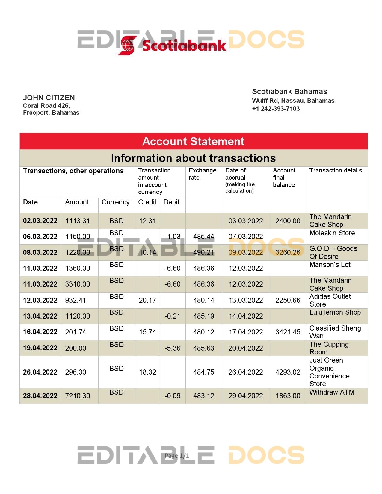 Bahamas Scotiabank bank statement template in Word and PDF format