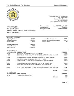 Bahamas The Central bank of the Bahamas bank statement easy to fill template in .xls and .pdf file format