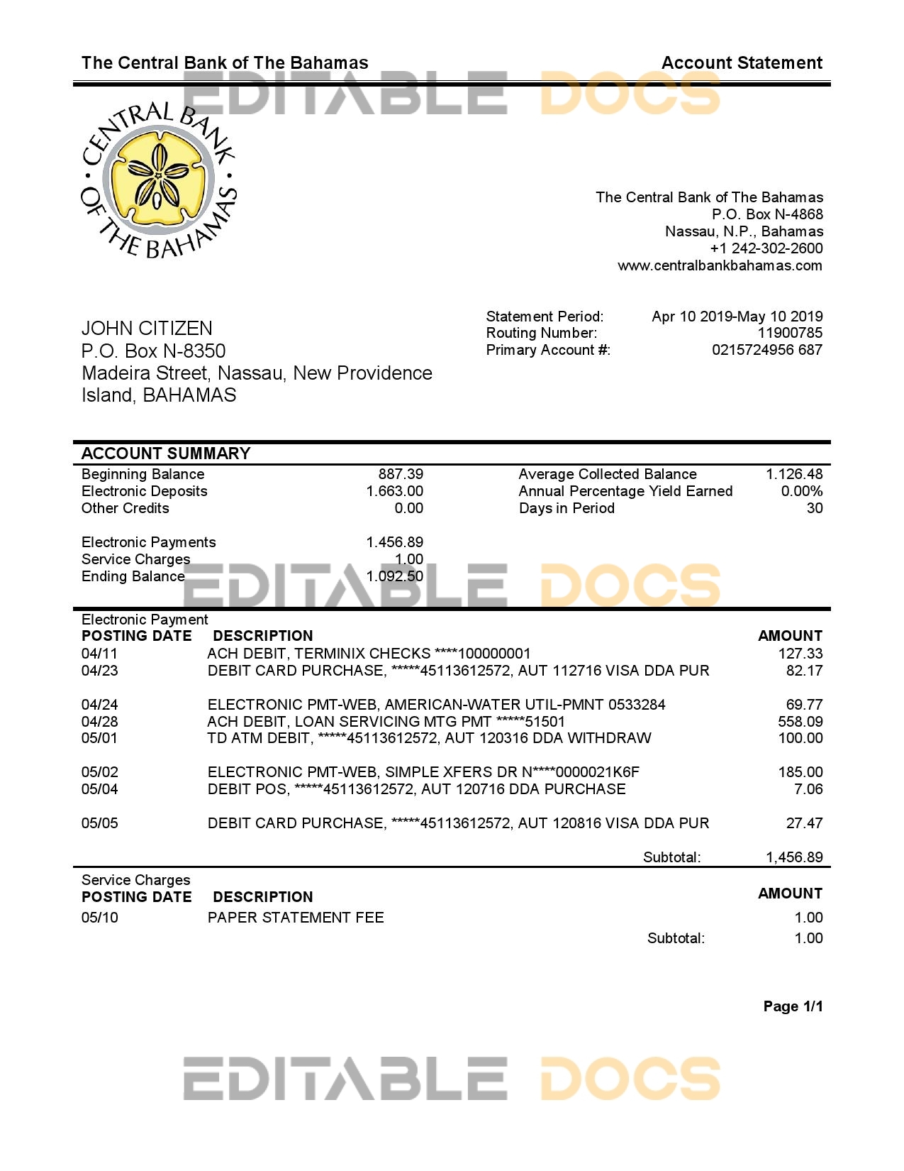 Bahamas The Central bank of the Bahamas bank statement easy to fill template in .xls and .pdf file format