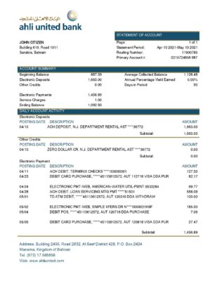 Bahrain Ahli United Bank statement template in Word and PDF format