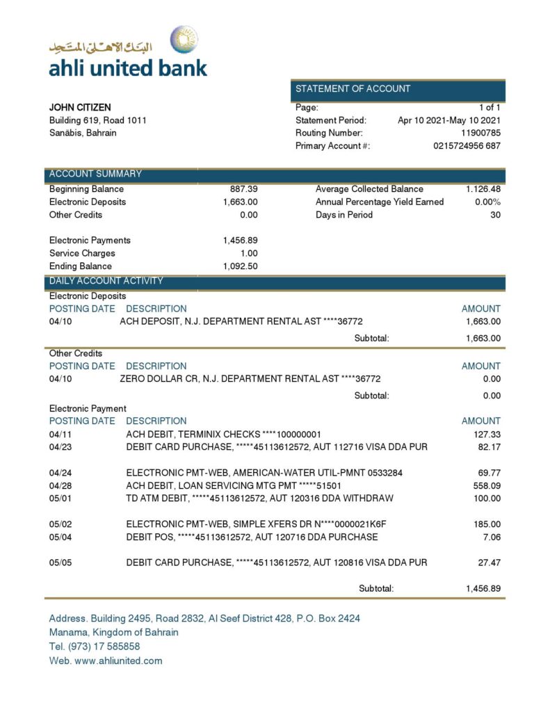 Bahrain Ahli United Bank statement template in Word and PDF format