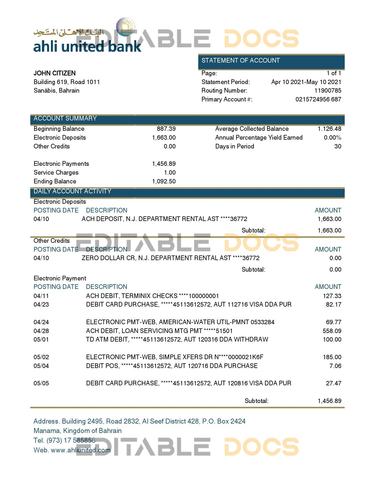 Bahrain Ahli United Bank statement template in Word and PDF format