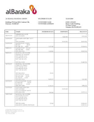 Bahrain Al Baraka bank statement template in Word and PDF format
