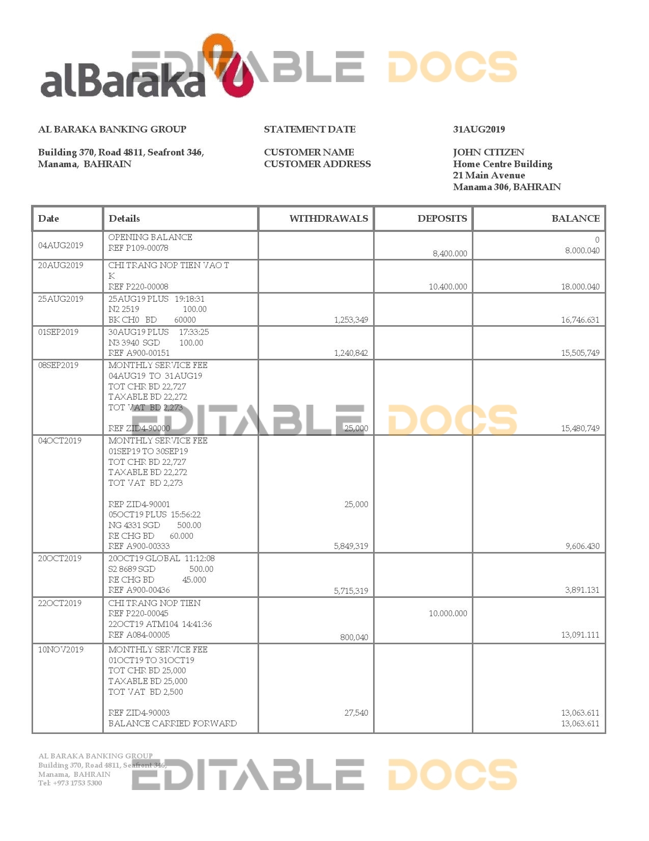 Bahrain Al Baraka bank statement template in Word and PDF format