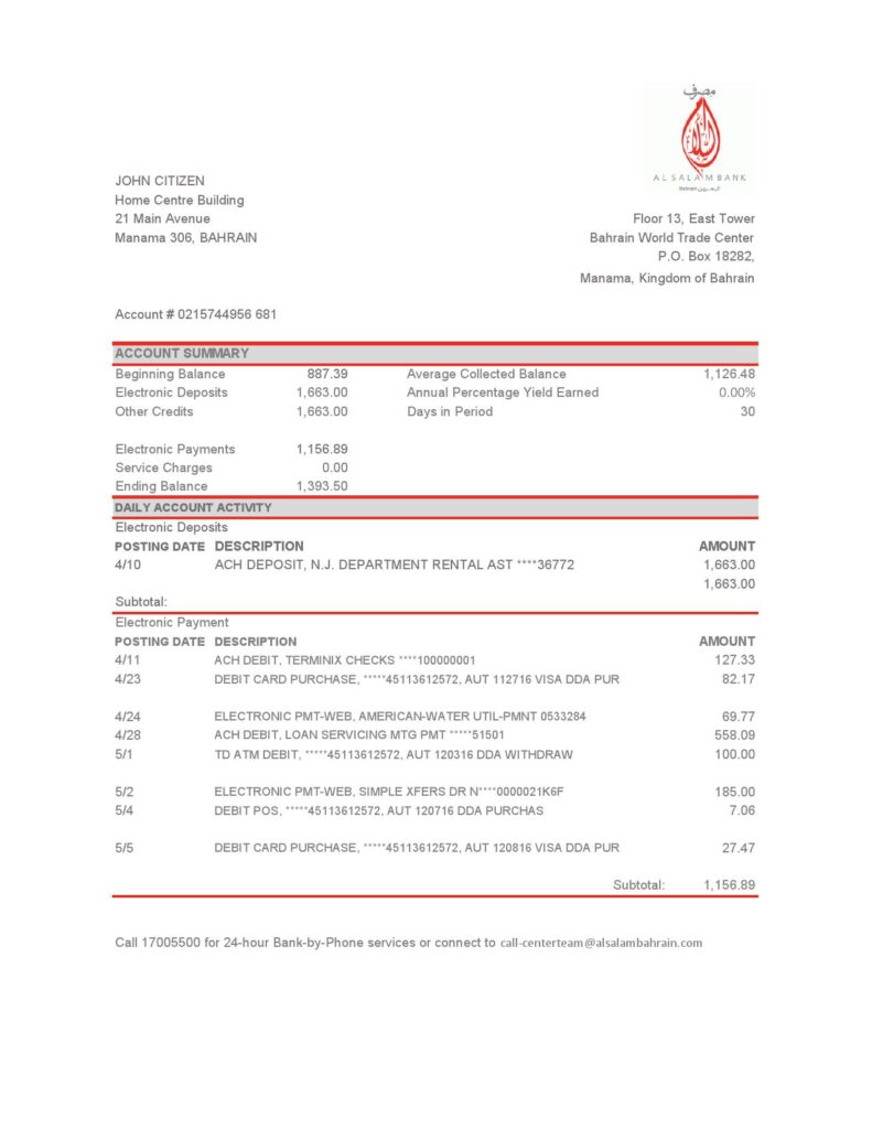 Bahrain Al Salam Bank proof of address statement template in Word and PDF format