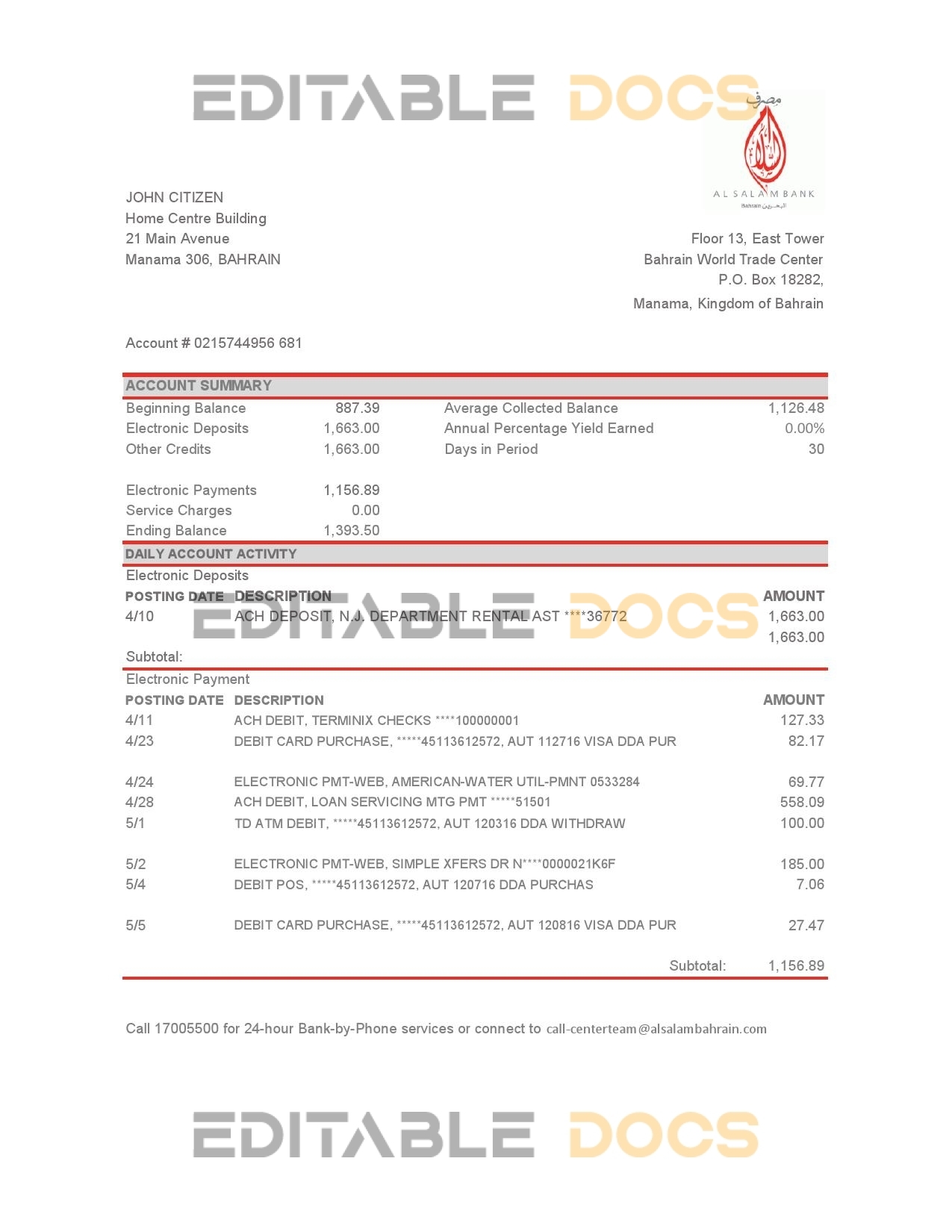 Bahrain Al Salam Bank proof of address statement template in Word and PDF format