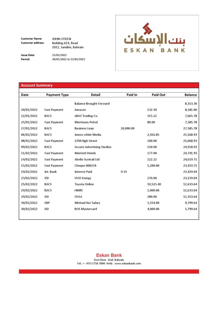 Bahrain Eskan Bank statement template in Word and PDF format