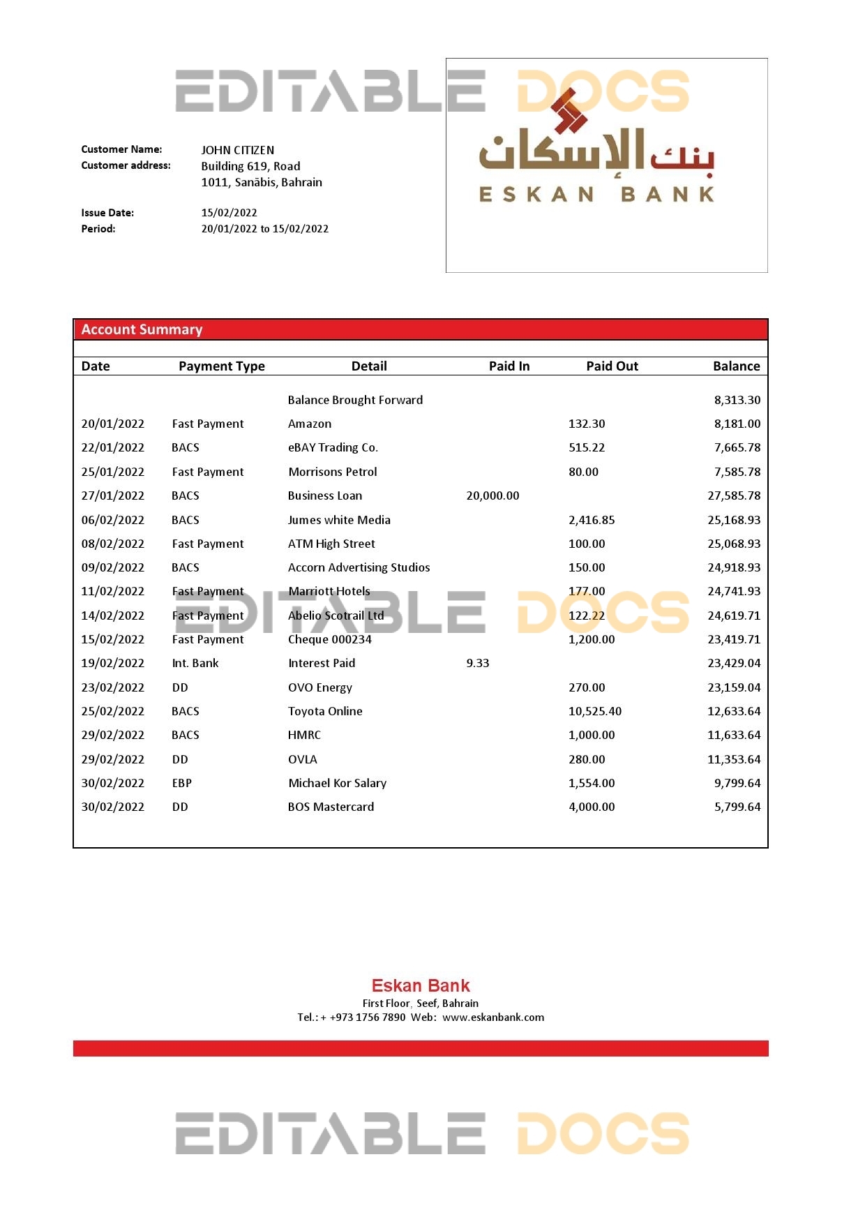 Bahrain Eskan Bank statement template in Word and PDF format