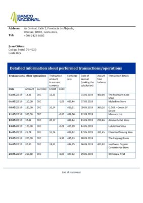 Costa Rica Banco Nacional bank statement easy to fill template in .xls and .pdf file format