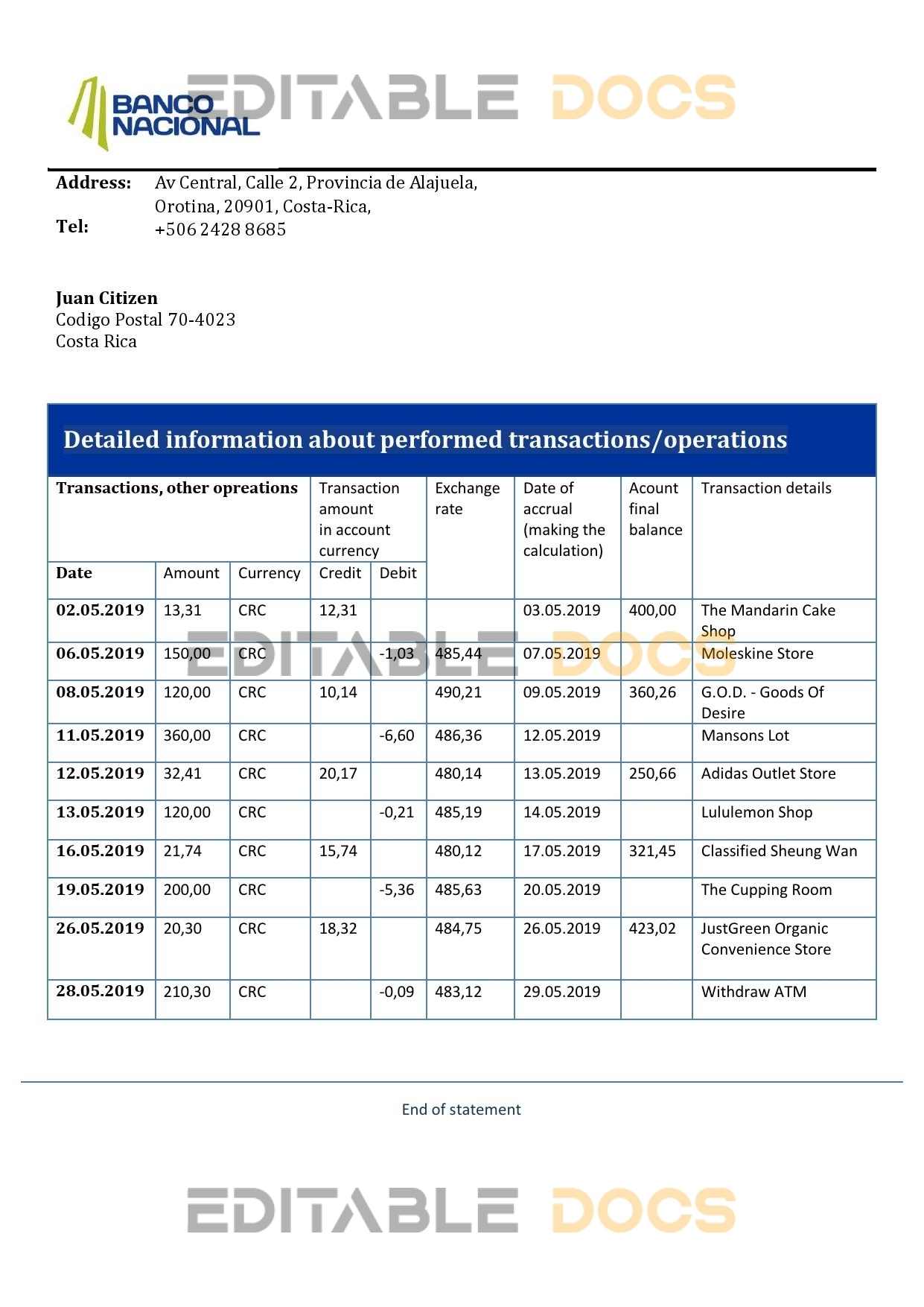 Costa Rica Banco Nacional bank statement easy to fill template in .xls and .pdf file format