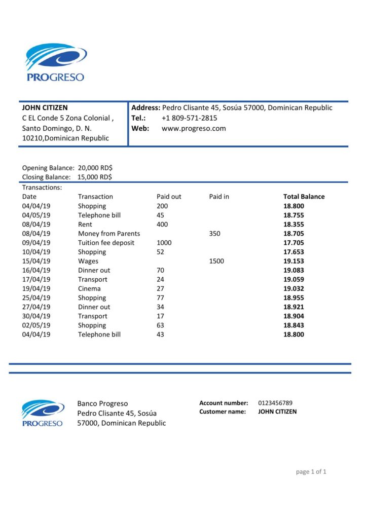 Dominican Republic Progreso bank statement template, Word and PDF format (.doc and .pdf)