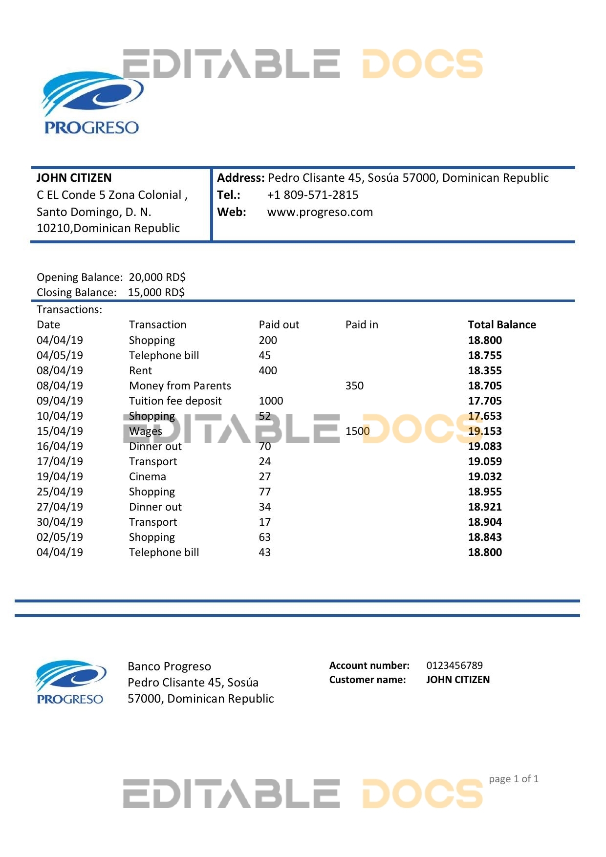 Dominican Republic Progreso bank statement template, Word and PDF format (.doc and .pdf)