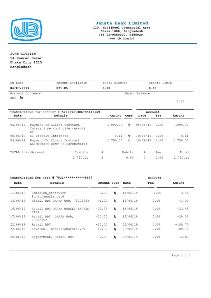 Bangladesh Janata bank statement easy to fill template in .xls and .pdf file format