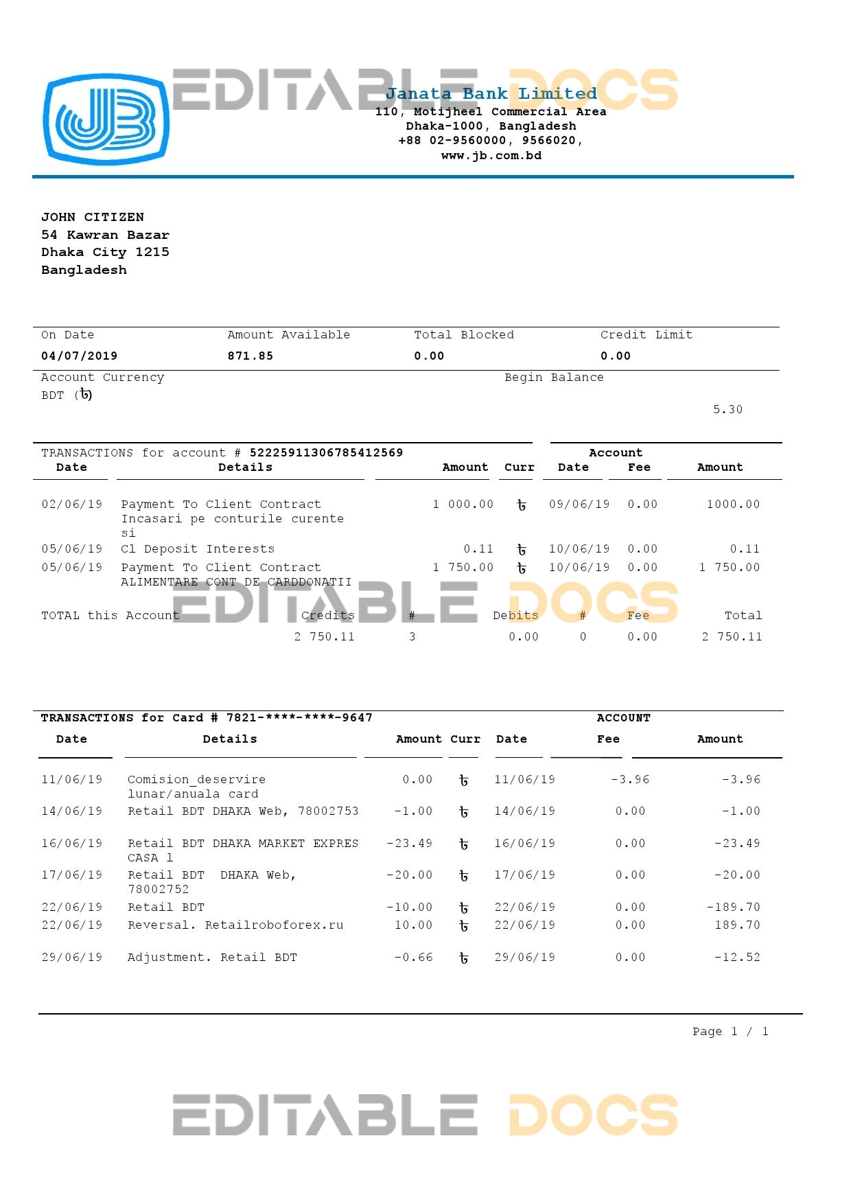 Bangladesh Janata bank statement easy to fill template in .xls and .pdf file format