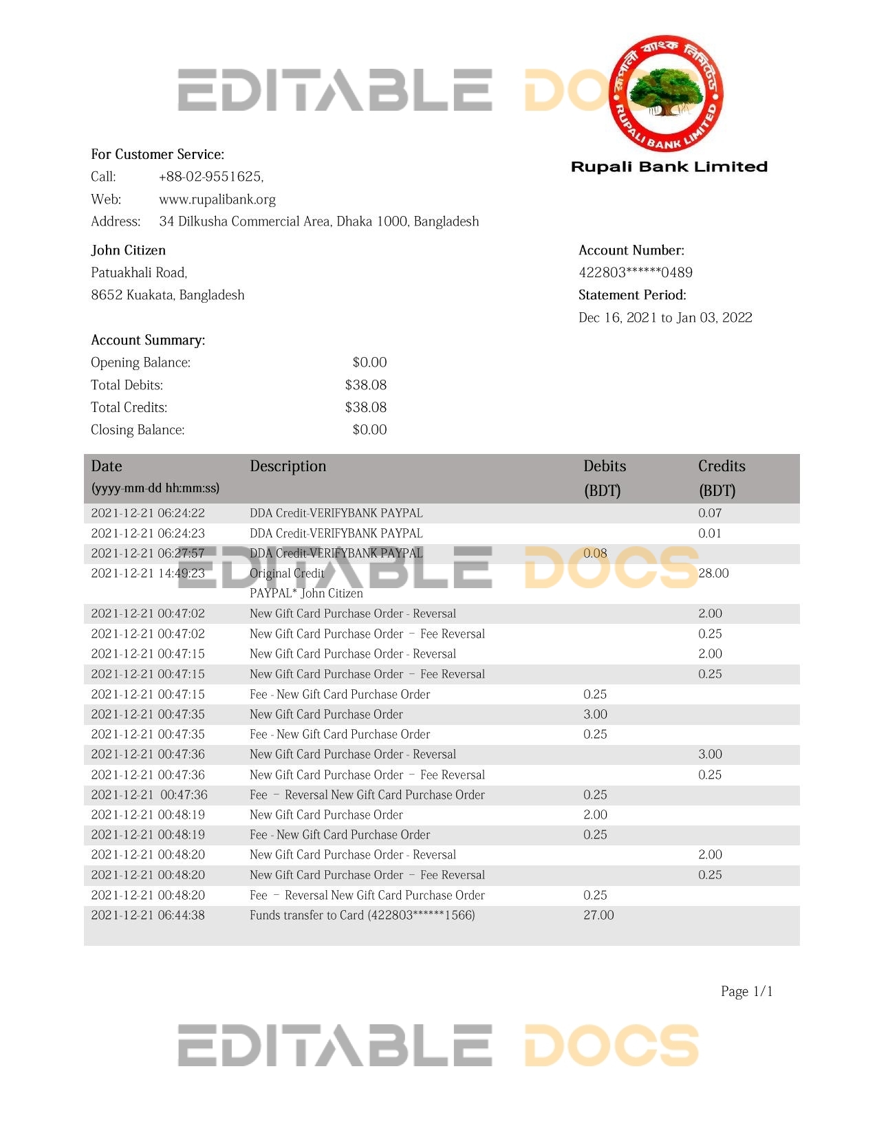 Bangladesh Rupali Bank statement template in Word and PDF format