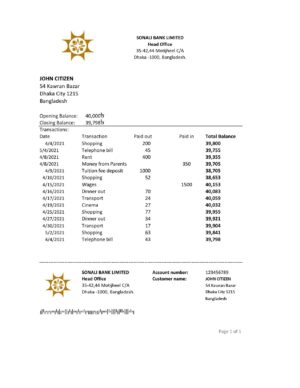 Bangladesh Editable Template 9 Bangladesh Sonali bank statement easy to fill template in Excel and PDF format