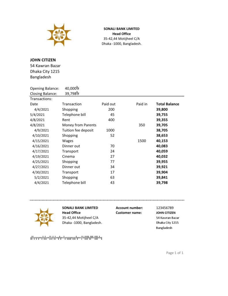 Bangladesh Sonali bank statement easy to fill template in Excel and PDF format