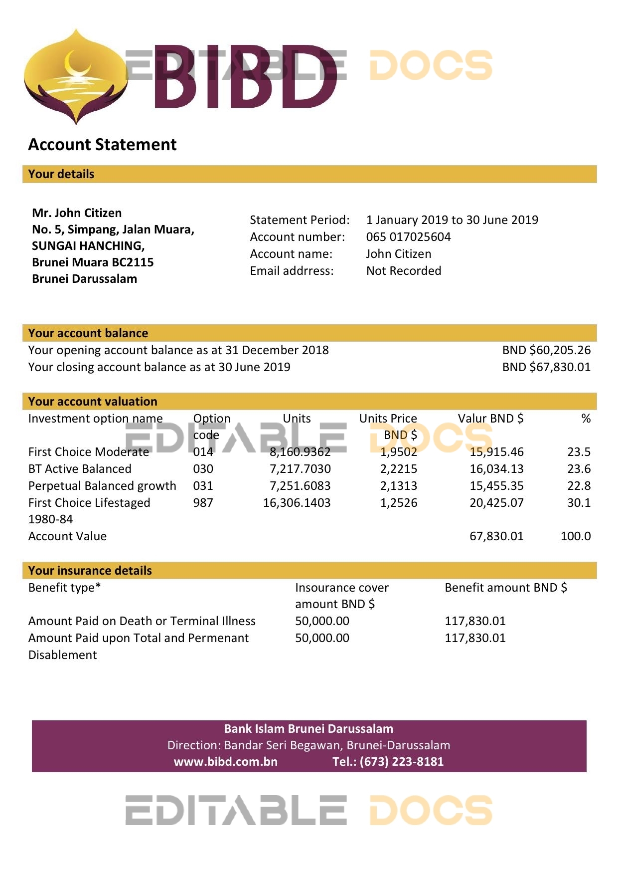 Brunei Bank Islam Brunei Darussalam bank statement template in Word and PDF format