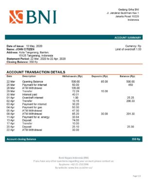 Indonesia Bank Negara Indonesia (BNI) proof of address bank statement in Word and PDF format