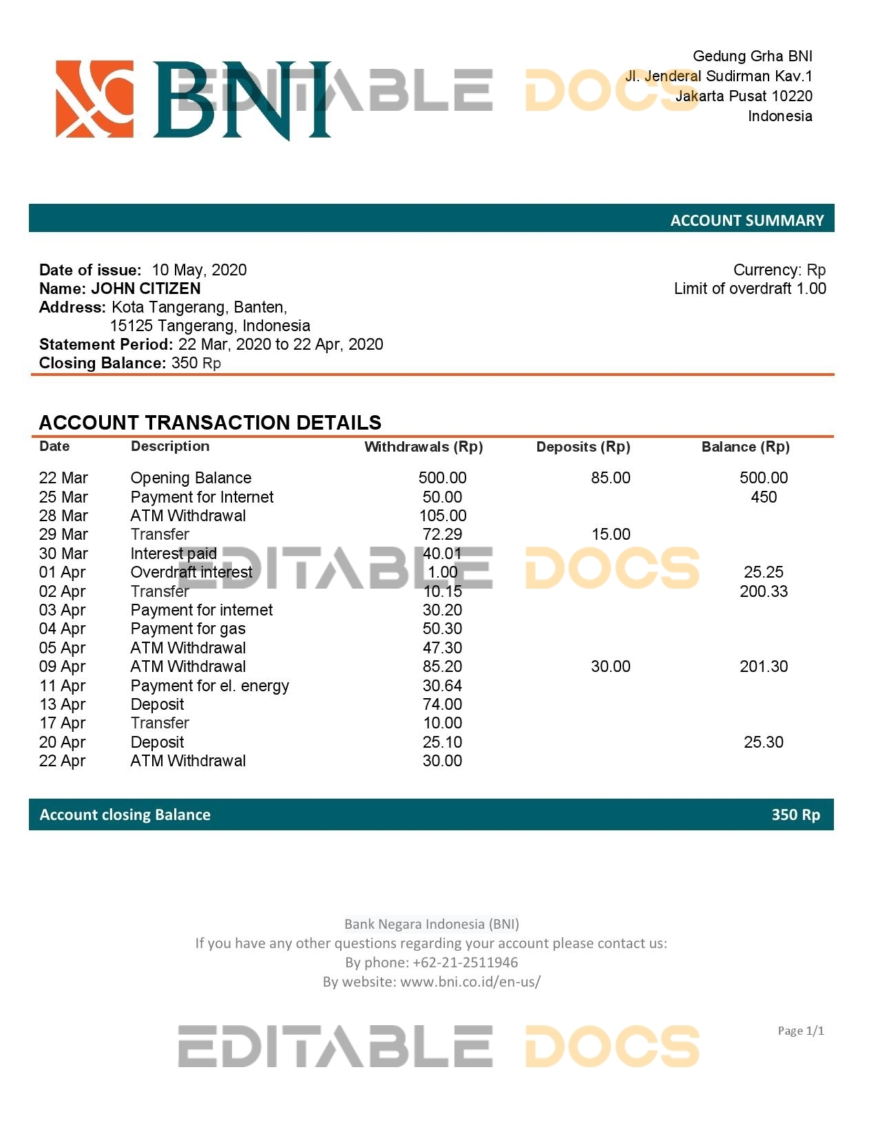 Indonesia Bank Negara Indonesia (BNI) proof of address bank statement in Word and PDF format