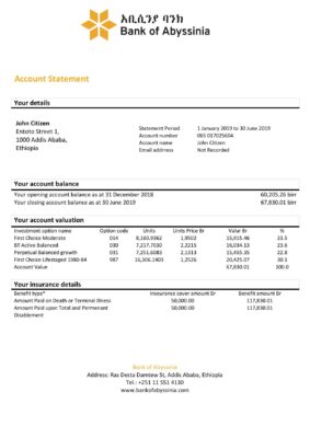 Ethiopia Bank of Abyssinia proof of address bank statement template in Word and PDF format