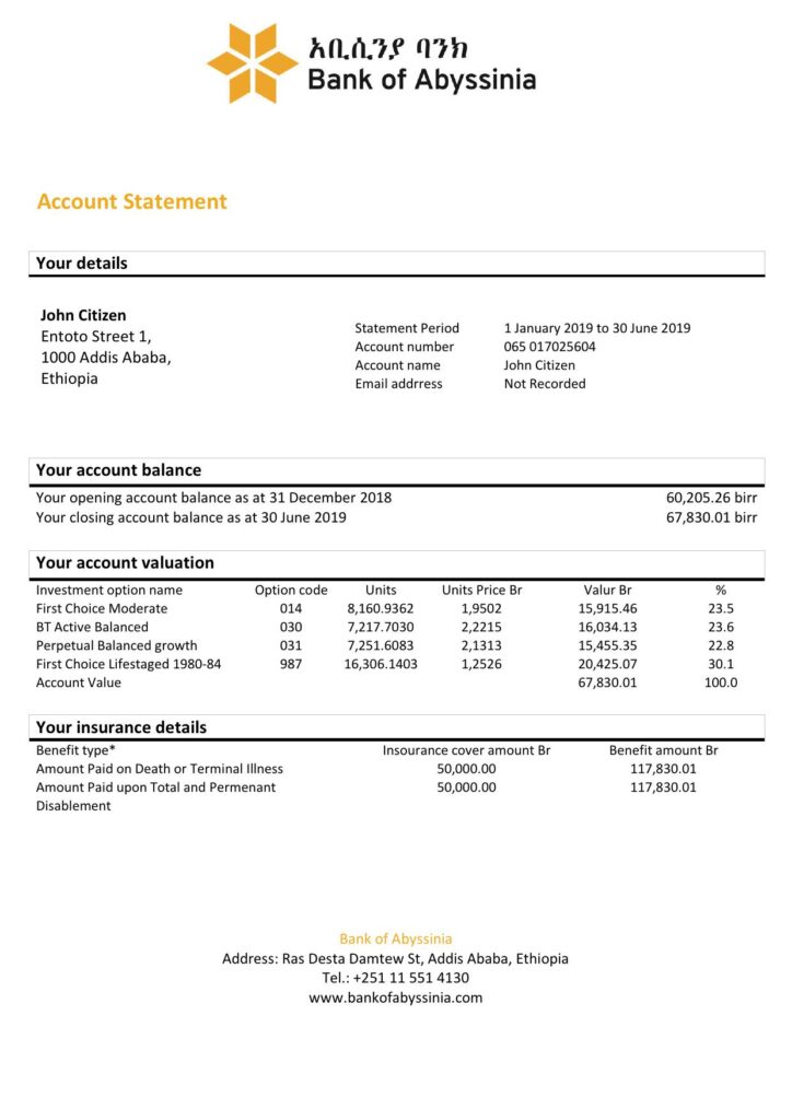 Ethiopia Bank of Abyssinia bank statement easy to fill template in .xls and .pdf file format