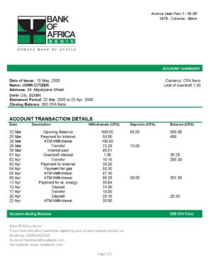 Africa Editable Docs 5 Benin Bank of Africa bank statement template in Word and PDF format