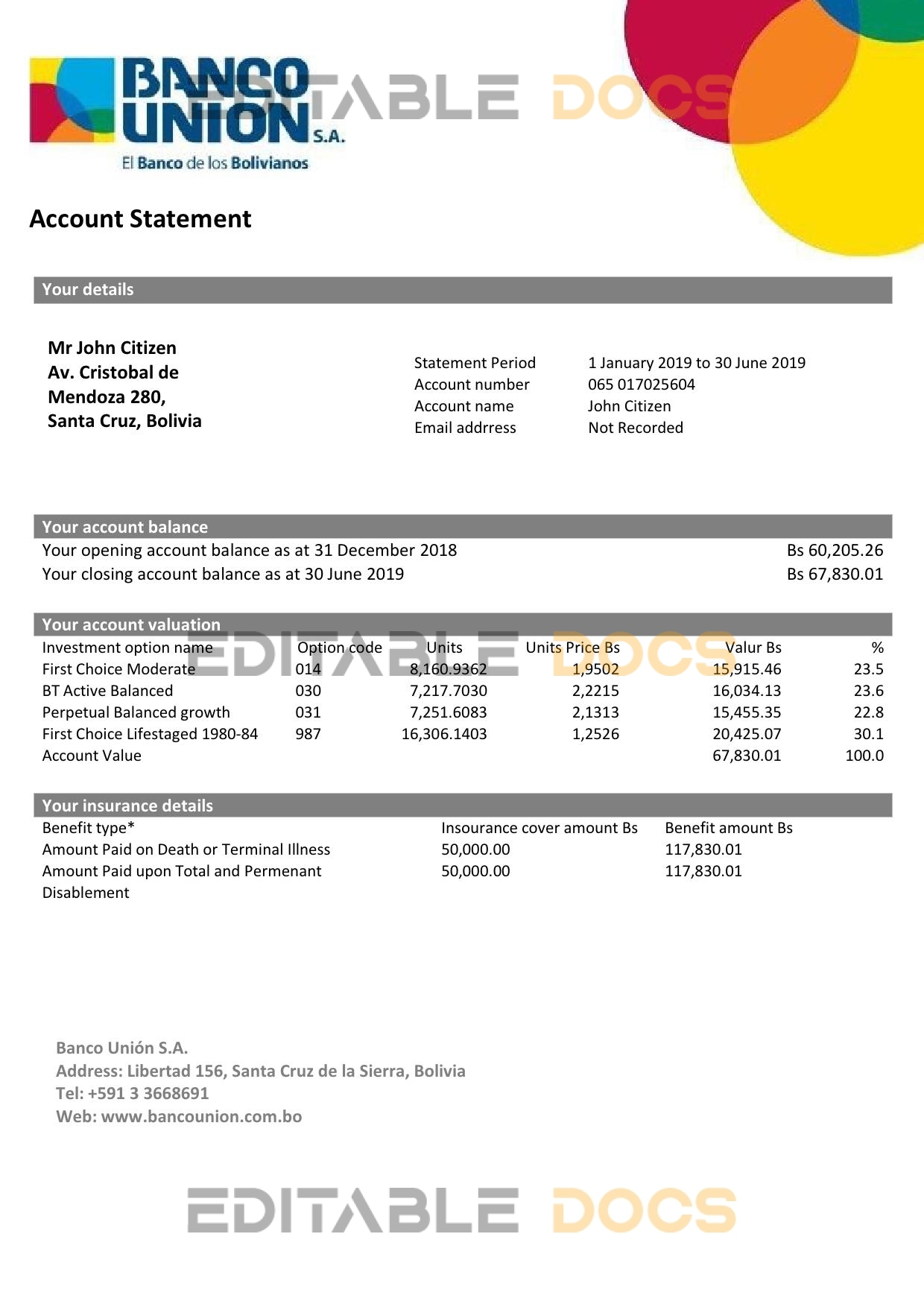 Bolivia Banco Union bank statement template in Word and PDF format