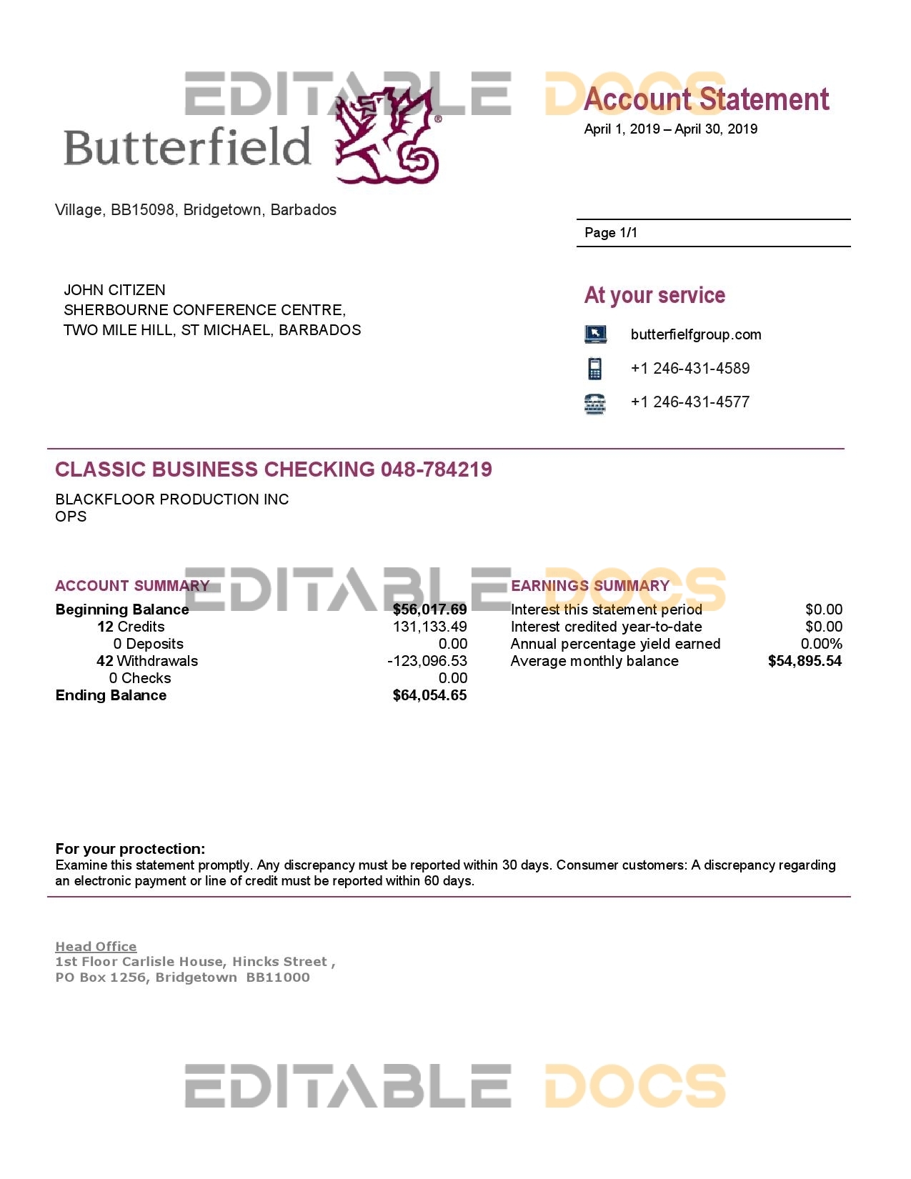 Barbados Butterfield bank statement easy to fill template in .xls and .pdf file format