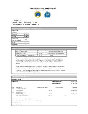 Barbados Caribbean Development bank statement easy to fill template in .xls and .pdf file format
