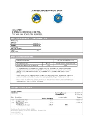 Barbados Caribbean Development Bank statement template in Word and PDF format
