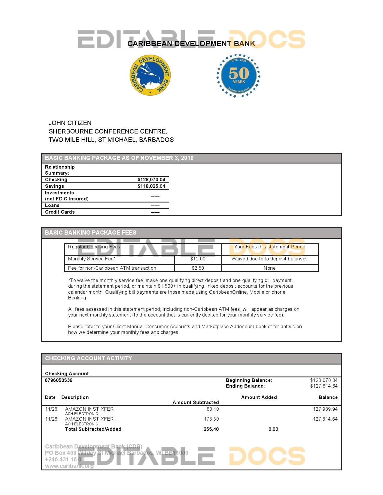 Barbados Caribbean Development Bank statement template in Word and PDF format
