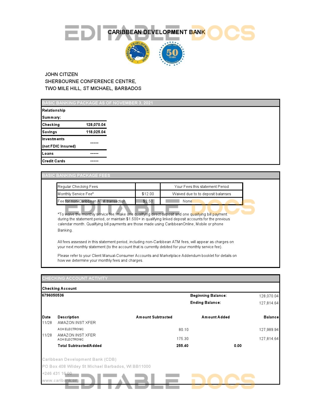Barbados Caribbean Development bank statement easy to fill template in .xls and .pdf file format