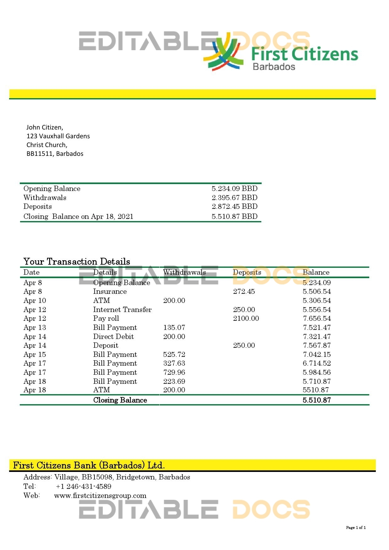 Barbados First Citizens bank statement template in .doc and .pdf format