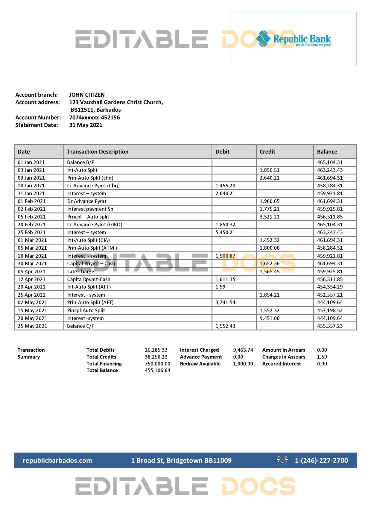 Barbados Republic Bank statement template in Word and PDF format