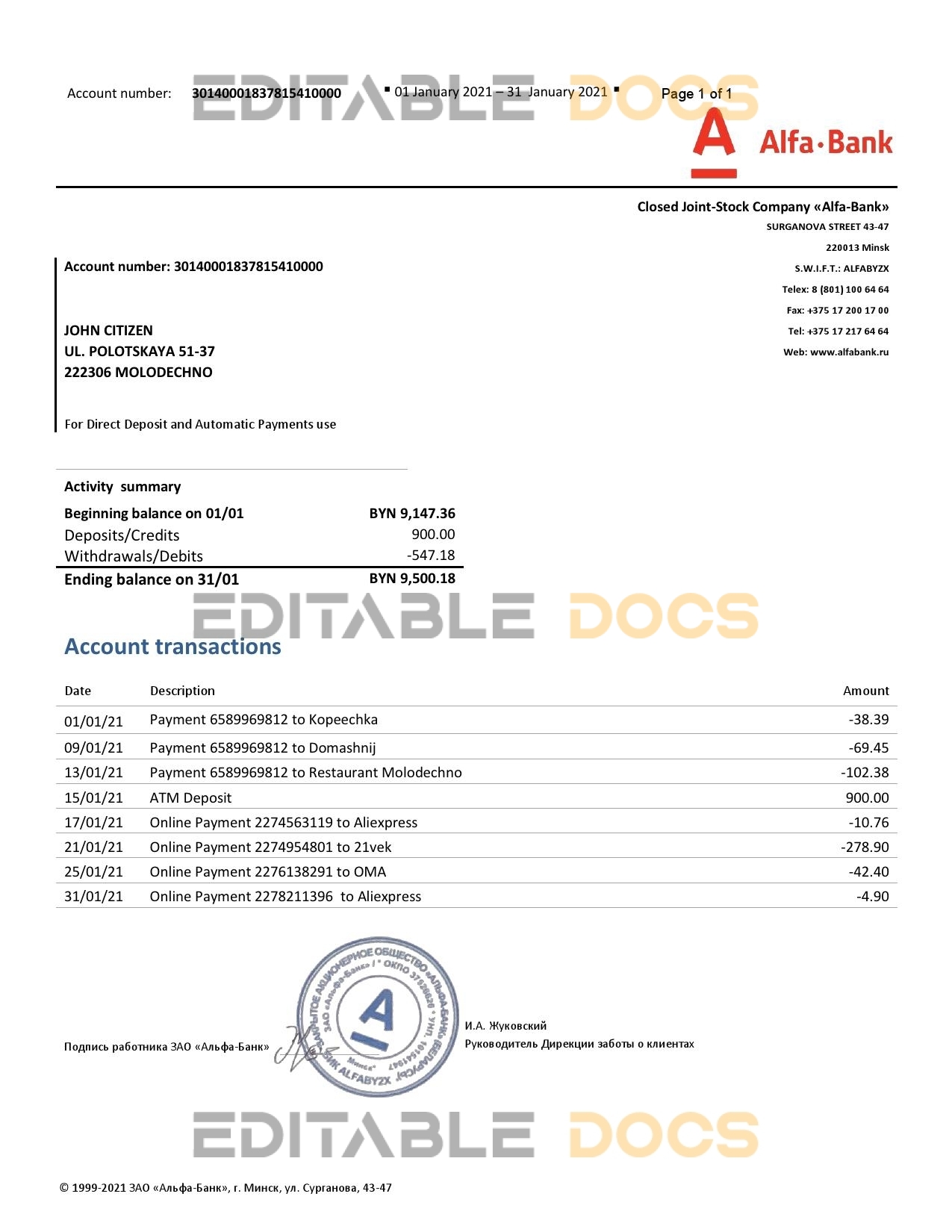 Belarus Alfa bank statement template in Word and PDF format
