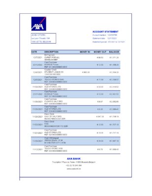 Belgium AXA bank statement easy to fill template in .xls and .pdf file format