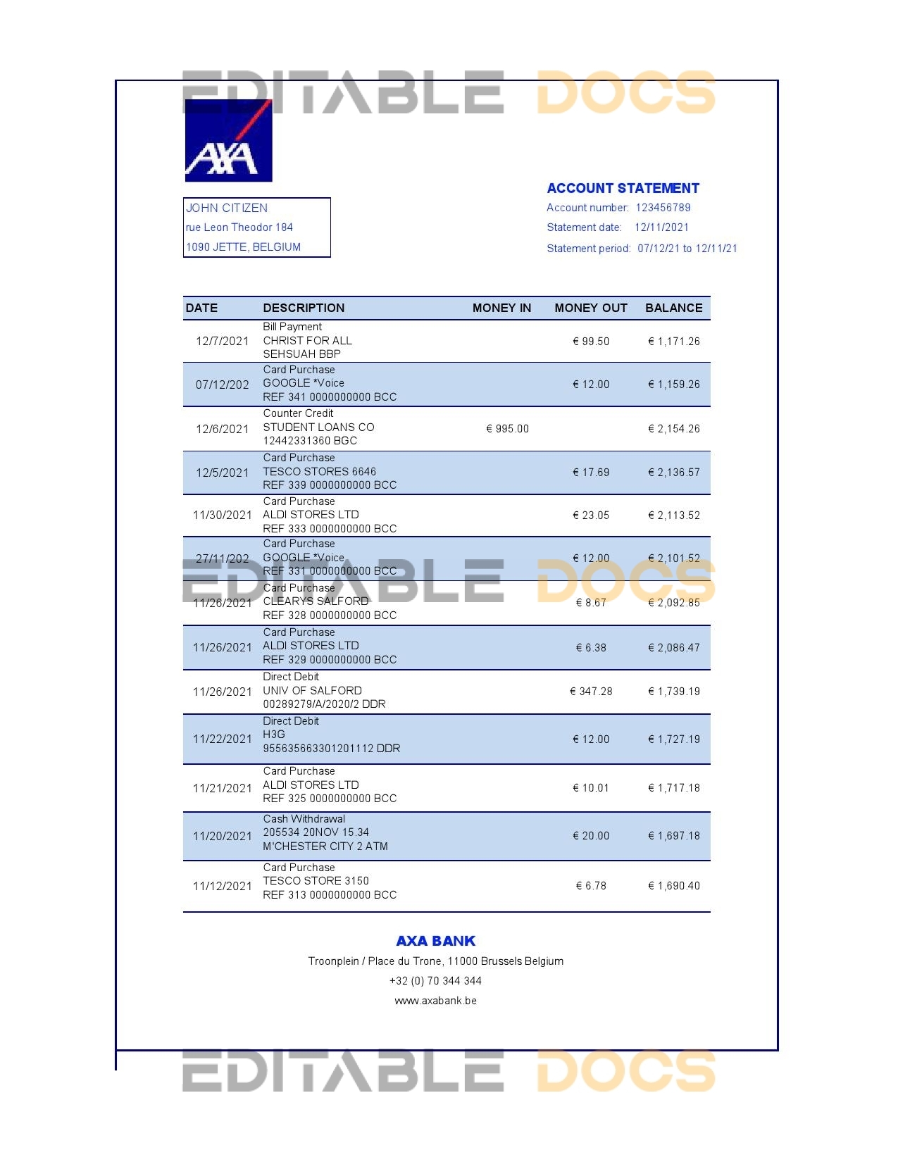 Belgium AXA bank statement easy to fill template in .xls and .pdf file format