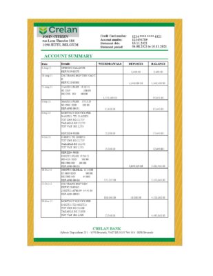 Belgium Crelan bank statement easy to fill template in Excel and PDF format