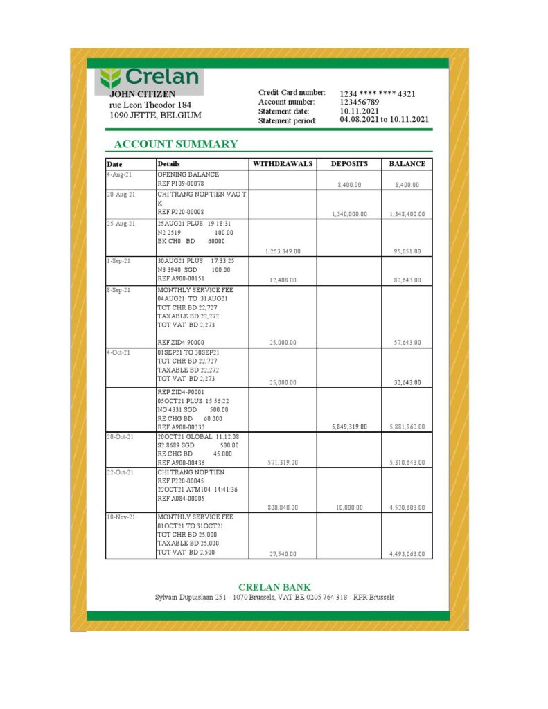 Belgium Crelan bank statement easy to fill template in Excel and PDF format