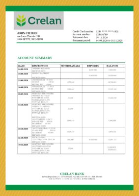 Belgium Crelan bank statement template in Word and PDF format