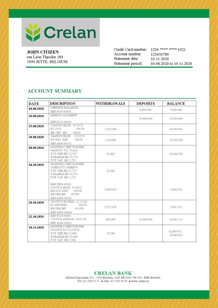 Belgium Crelan bank statement easy to fill template in Excel and PDF format