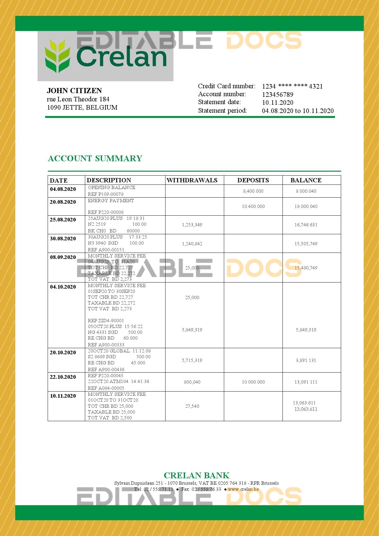 Belgium Crelan bank statement template in Word and PDF format