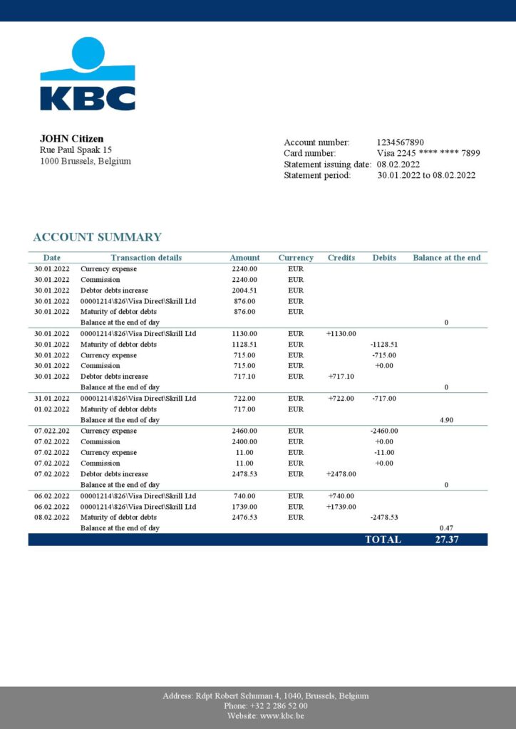 Belgium KBC bank statement template in Word and PDF format